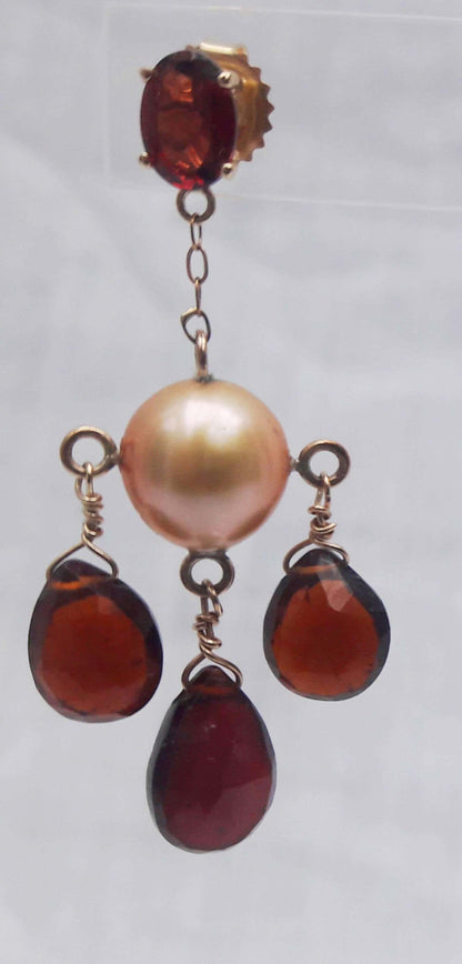 Golden color Pearl and Red Garnet Dangle Earrings with 14K Yellow Gold
