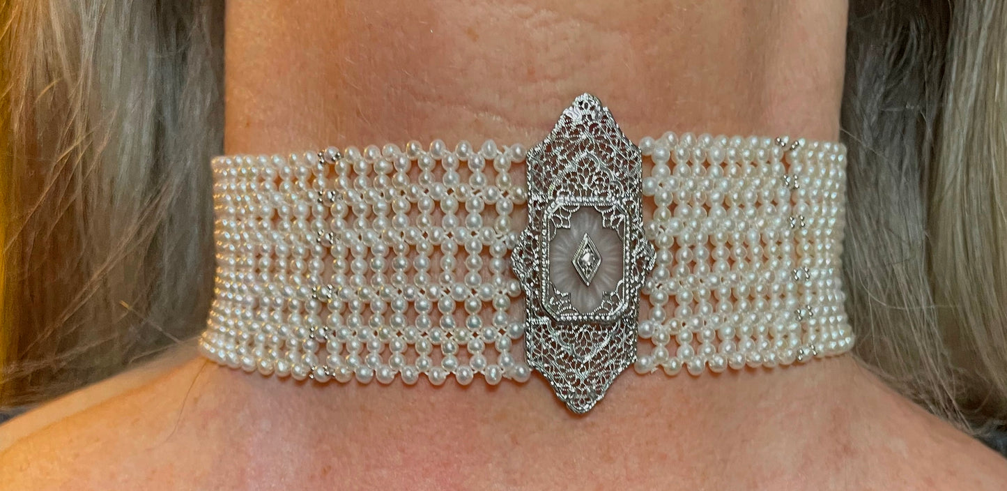 Woven Pearl Choker with 14k Gold Vintage Centerpiece and Diamond