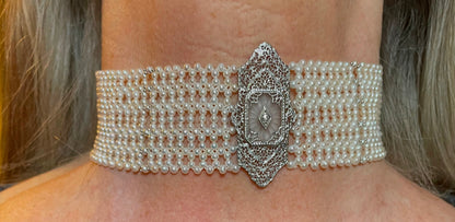 Woven Pearl Choker with 14k Gold Vintage Centerpiece and Diamond