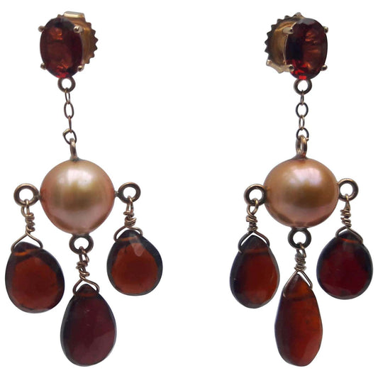 Golden color Pearl and Red Garnet Dangle Earrings with 14K Yellow Gold
