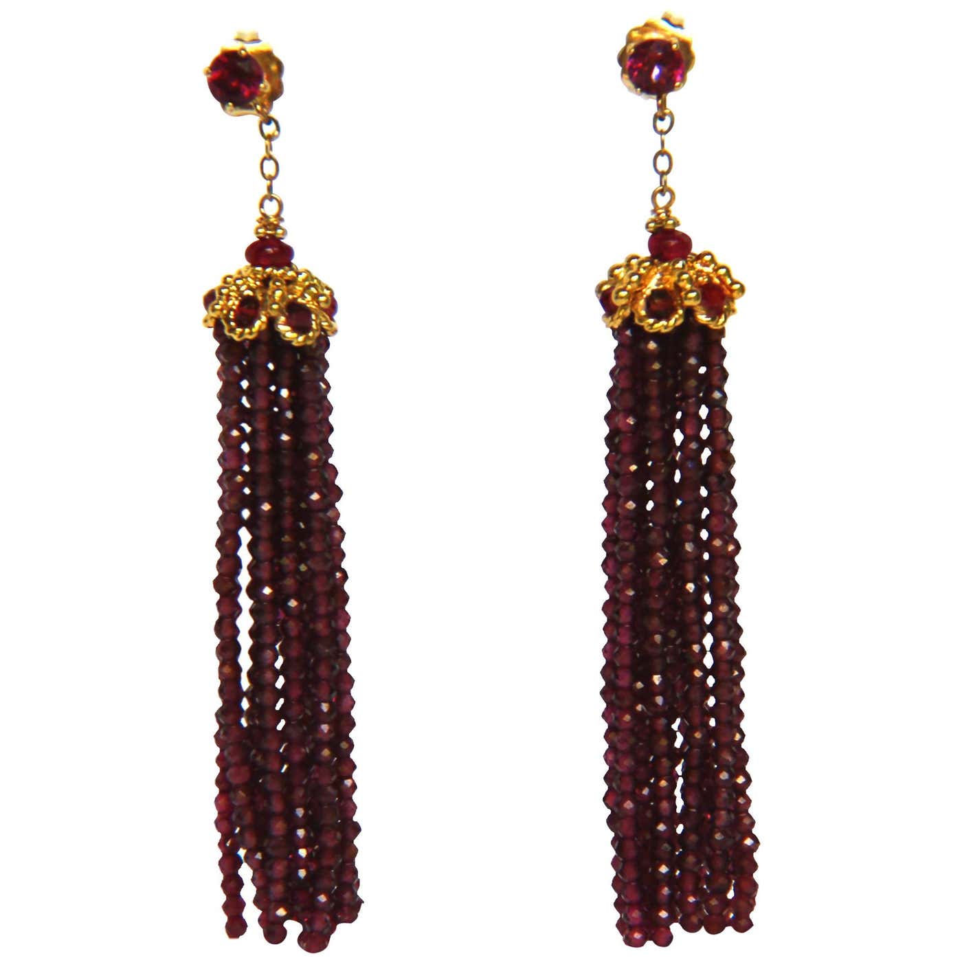 Faceted Amethyst Stud Tassel Dangle Earrings and 14K Yellow Gold