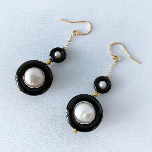 2 Tier Pearl, Black Onyx and Solid 14k Yellow Gold Earrings