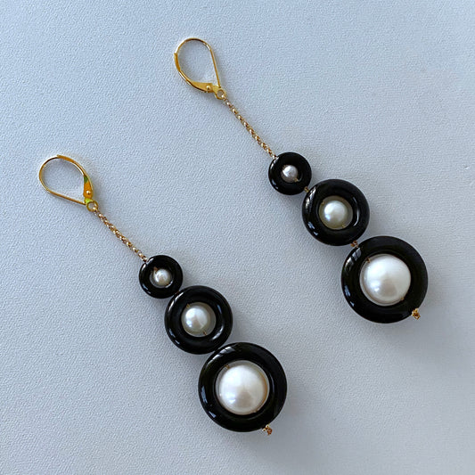 3 Tier Pearl, Black Onyx & Solid 14k Yellow Gold Graduated Earrings