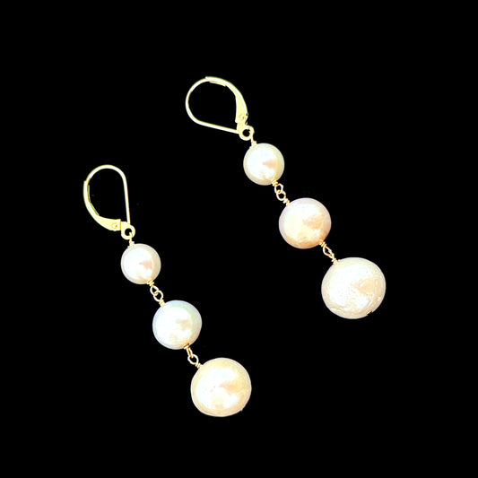 3 Tier Pearl Dangle Earrings with Solid 14k Yellow Gold