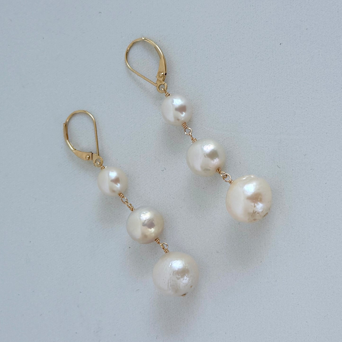 3 Tier Pearl Dangle Earrings with Solid 14k Yellow Gold
