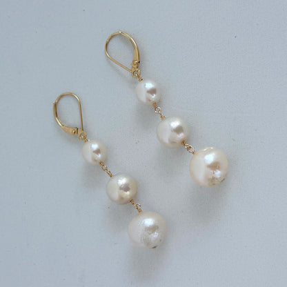 3 Tier Pearl Dangle Earrings with Solid 14k Yellow Gold