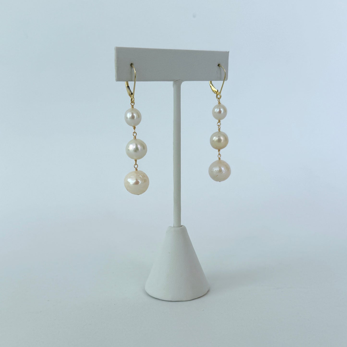3 Tier Pearl Dangle Earrings with Solid 14k Yellow Gold