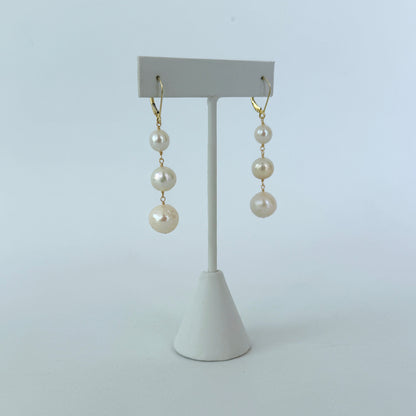 3 Tier Pearl Dangle Earrings with Solid 14k Yellow Gold