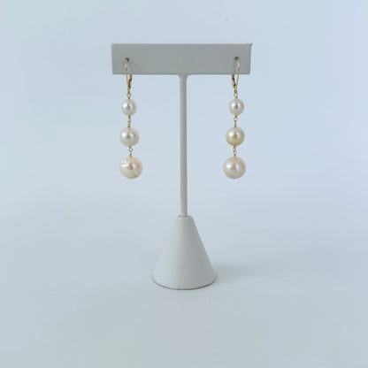 3 Tier Pearl Dangle Earrings with Solid 14k Yellow Gold