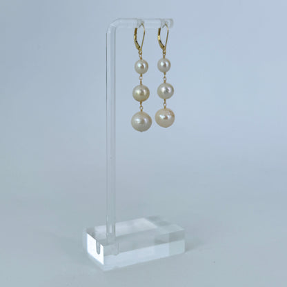 3 Tier Pearl Dangle Earrings with Solid 14k Yellow Gold