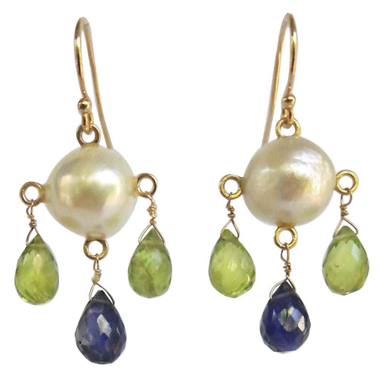 Pearl Chandelier Earrings with Iolite, Peridot & solid 14k Yellow Gold