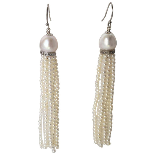 White cultured Pearl Tassel Earrings with 14K White Gold