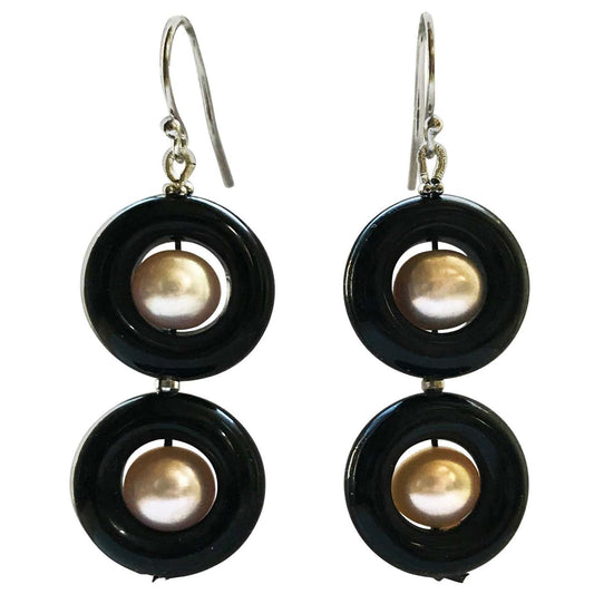 Double Onyx and Pearl Earrings with 14 Karat White Gold Hook and Beads