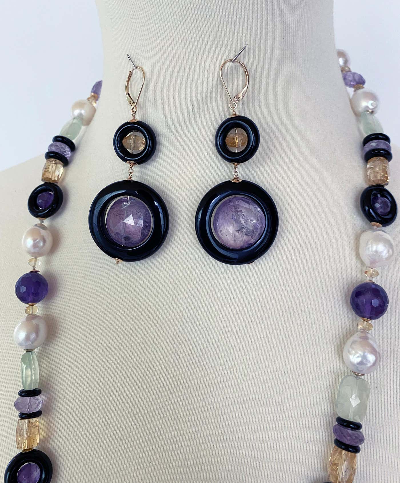 Amethyst, Citrine and Black Onyx Earrings with 14k Yellow Gold
