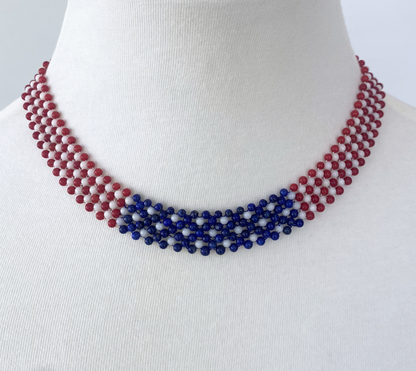 Woven White, Red Coral & Lapis Lazuli American Flag Necklace