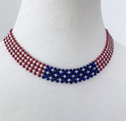 Woven White, Red Coral & Lapis Lazuli American Flag Necklace