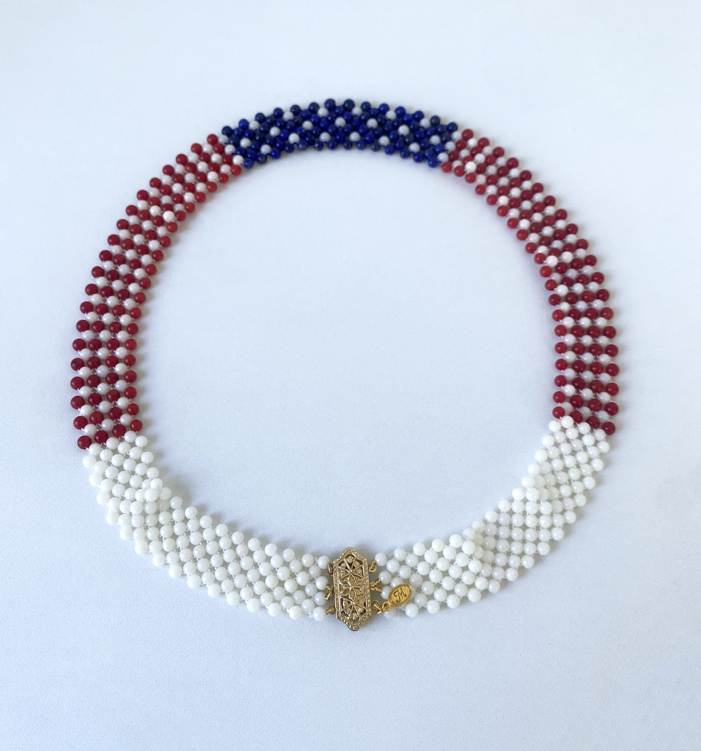 Woven White, Red Coral & Lapis Lazuli American Flag Necklace