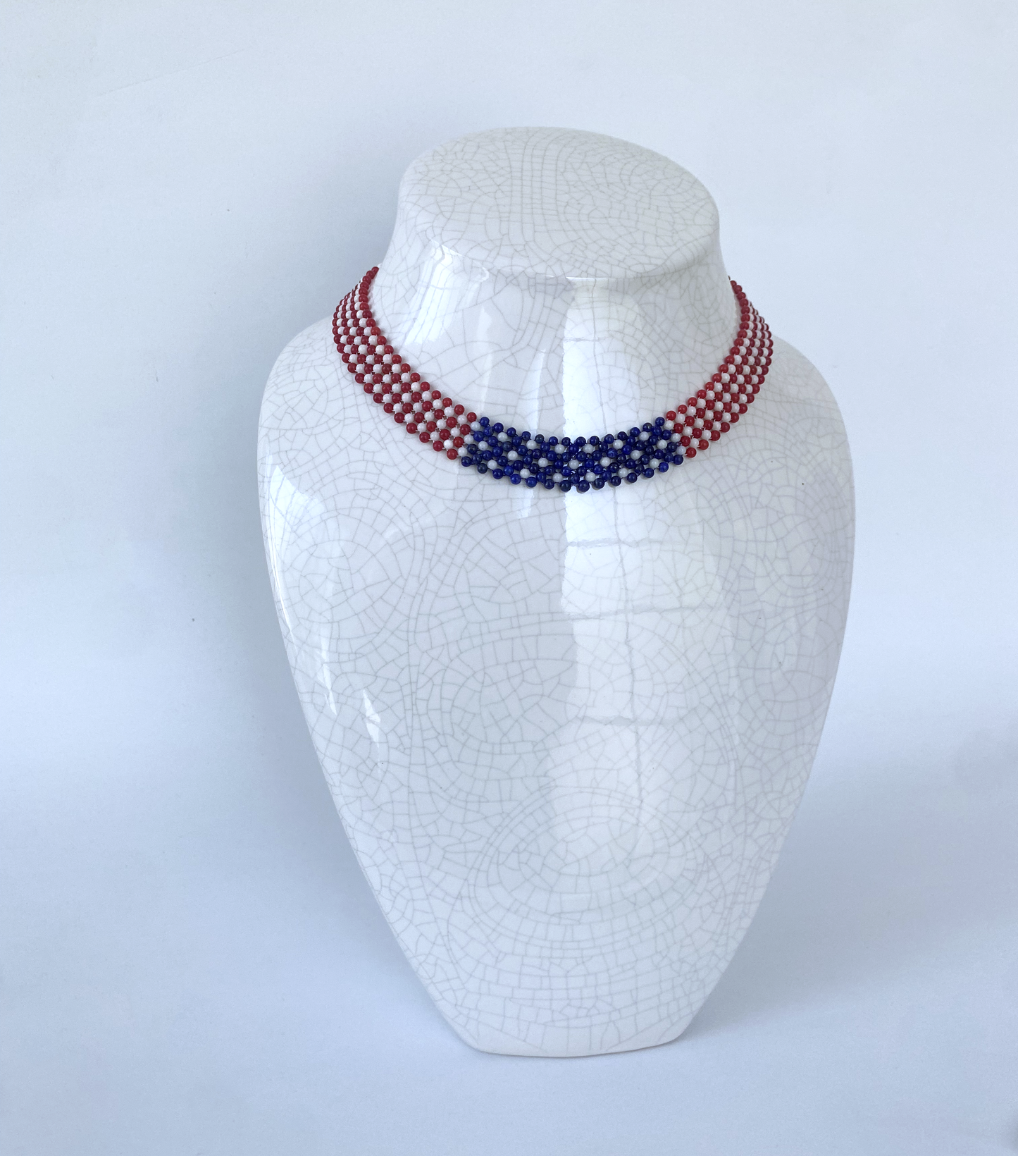 Woven White, Red Coral & Lapis Lazuli American Flag Necklace