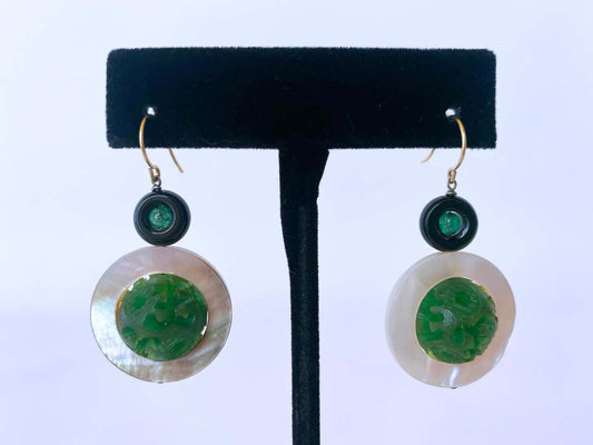 Mother of Pearl, Emerald, Onyx and Bakolite Earrings, 14k Yellow Gold