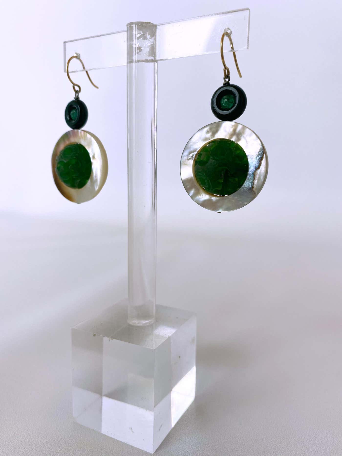 Mother of Pearl, Emerald, Onyx and Bakolite Earrings, 14k Yellow Gold