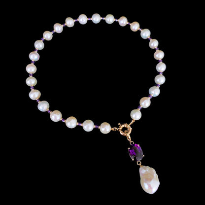 Amethyst, Baroque Pearl & Solid 14k Yellow Gold Necklace