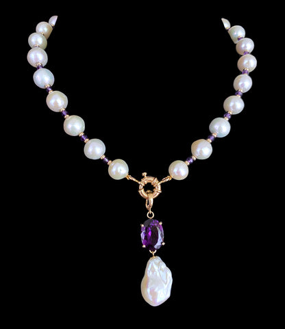 Amethyst, Baroque Pearl & Solid 14k Yellow Gold Necklace