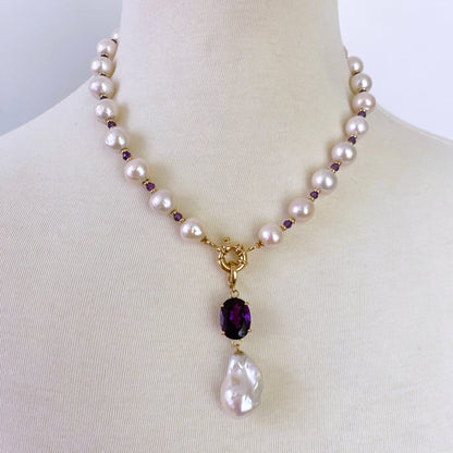 Amethyst, Baroque Pearl & Solid 14k Yellow Gold Necklace