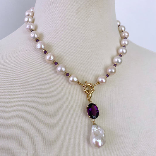Amethyst, Baroque Pearl & Solid 14k Yellow Gold Necklace
