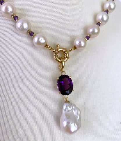 Amethyst, Baroque Pearl & Solid 14k Yellow Gold Necklace