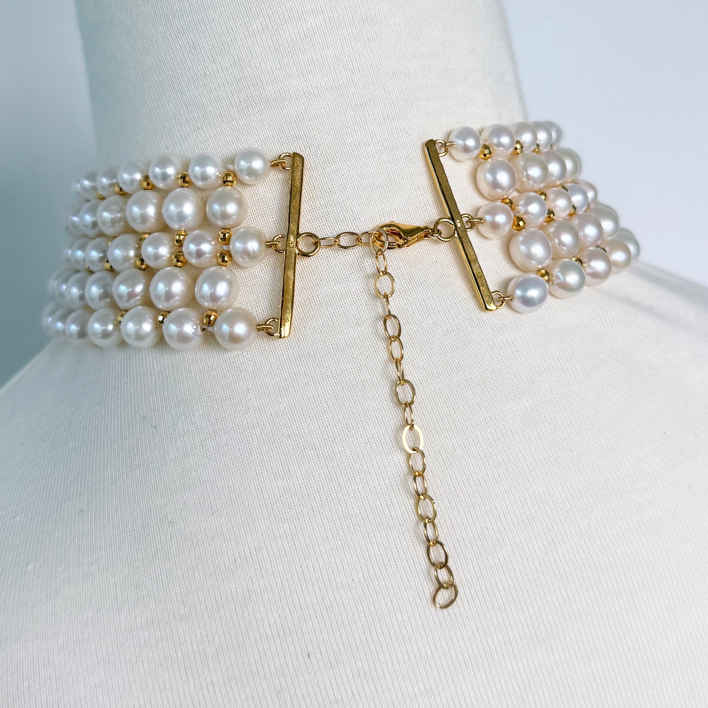 Adjustable Pearl Woven Choker with 18k Gold Plated Faceted Beads