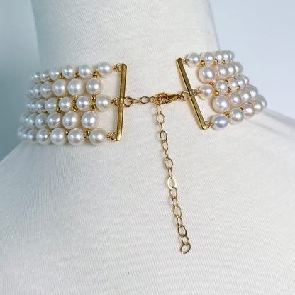 Adjustable Pearl Woven Choker with 18k Gold Plated Faceted Beads
