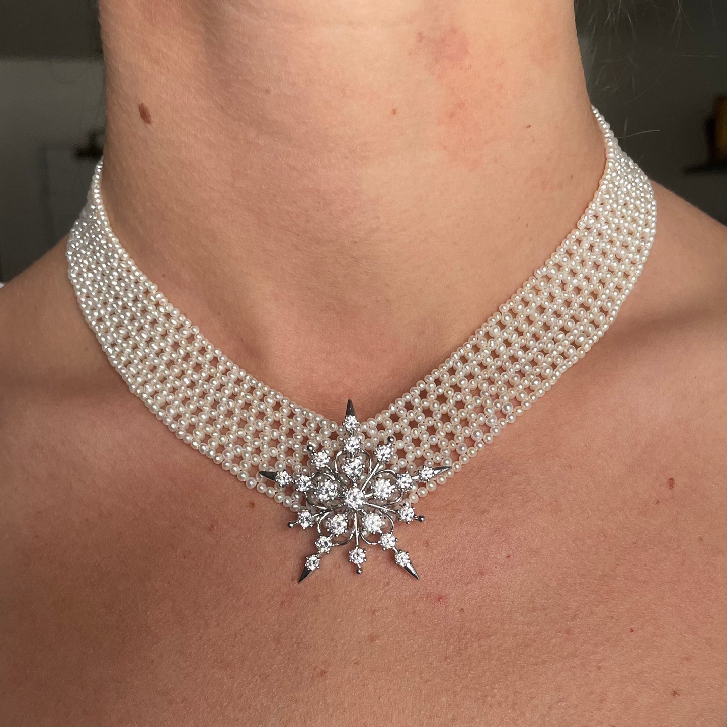 Pearl Woven "V" Necklace with Adjustable 14k Clasp