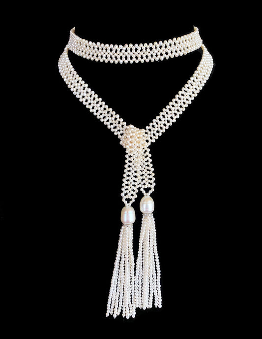 Lace Woven Open Pearl Sautoir with Diamond Encrusted Silver Tassels