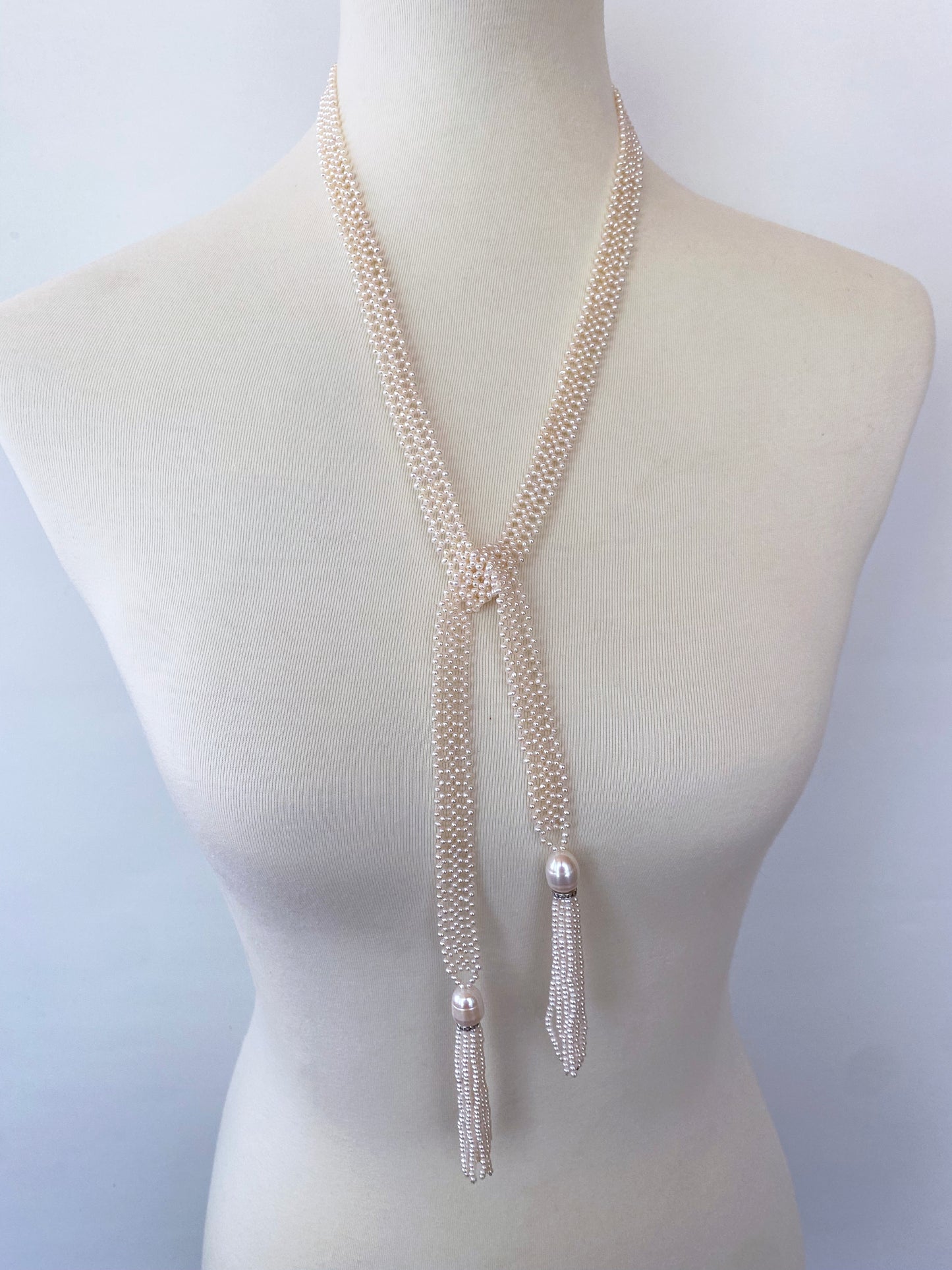 Lace Woven Open Pearl Sautoir with Diamond Encrusted Silver Tassels