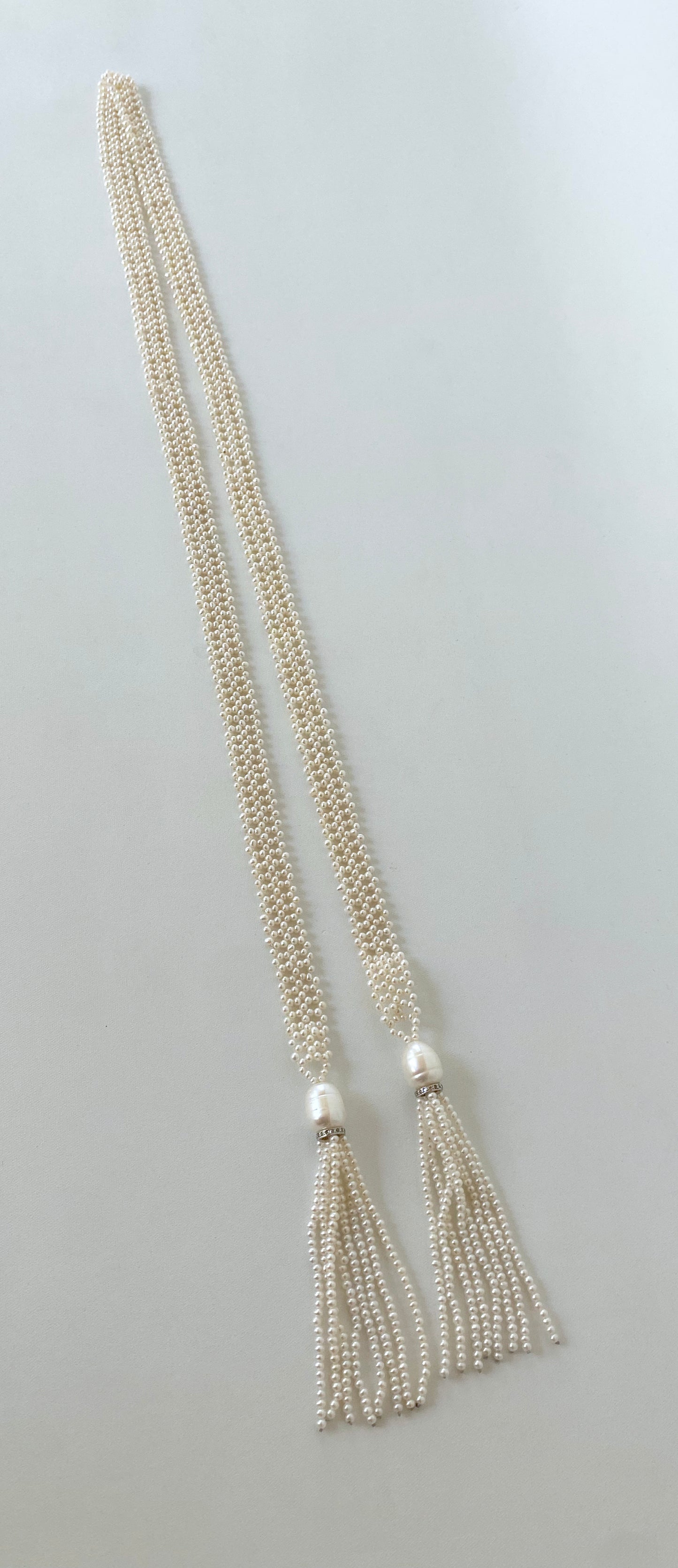 Lace Woven Open Pearl Sautoir with Diamond Encrusted Silver Tassels