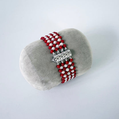 Unisex Pearl, Lapis & Coral Woven American Flag Bracelet with 14k Gold