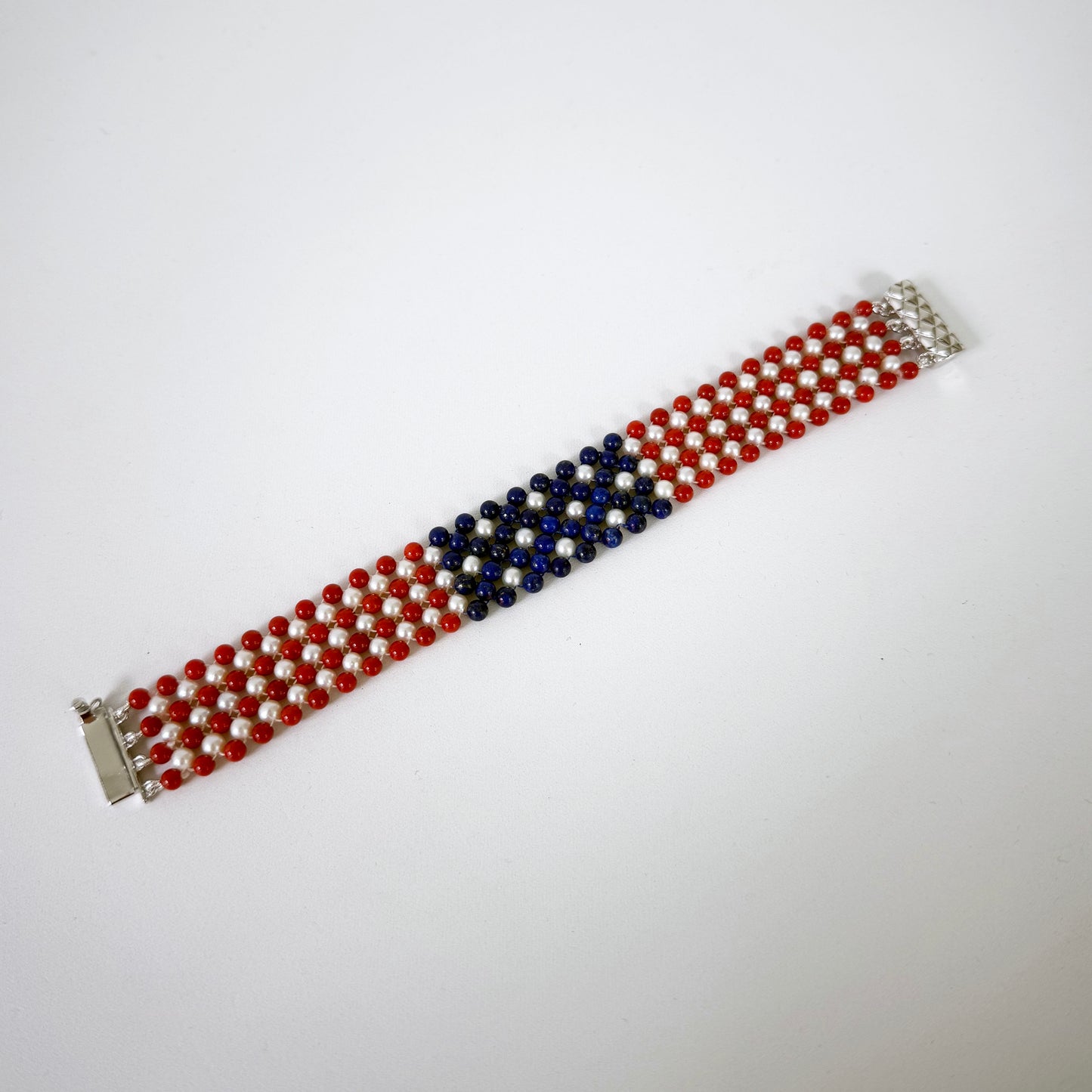 Unisex Pearl, Lapis & Coral Woven American Flag Bracelet with 14k Gold