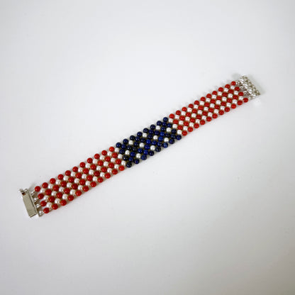 Unisex Pearl, Lapis & Coral Woven American Flag Bracelet with 14k Gold