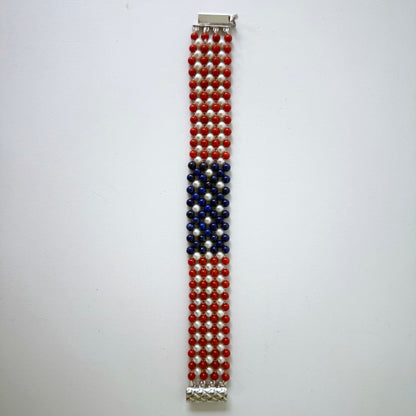 Unisex Pearl, Lapis & Coral Woven American Flag Bracelet with 14k Gold