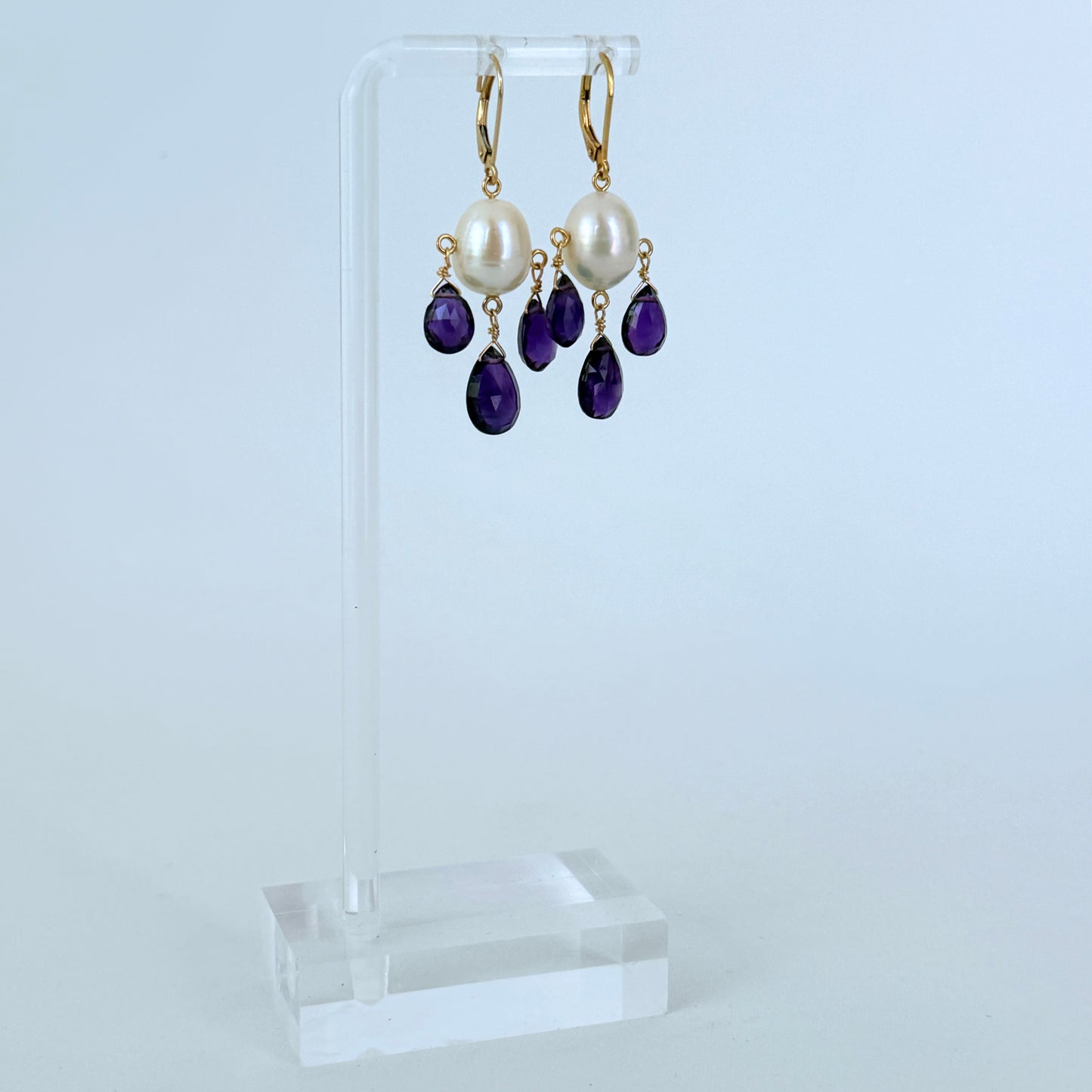 Amethyst & Pearl Chandelier Earrings with Solid 14k Gold