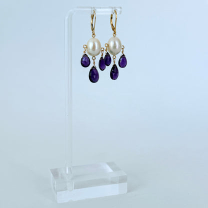 Amethyst & Pearl Chandelier Earrings with Solid 14k Gold