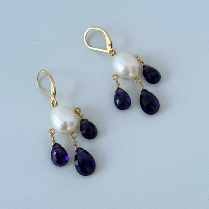 Amethyst & Pearl Chandelier Earrings with Solid 14k Gold