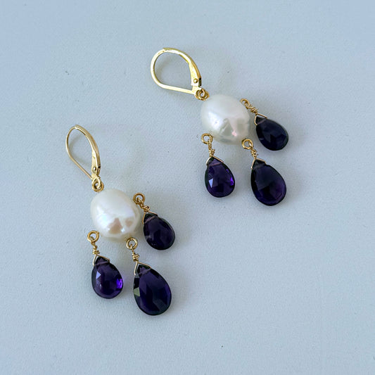 Amethyst & Pearl Chandelier Earrings with Solid 14k Gold