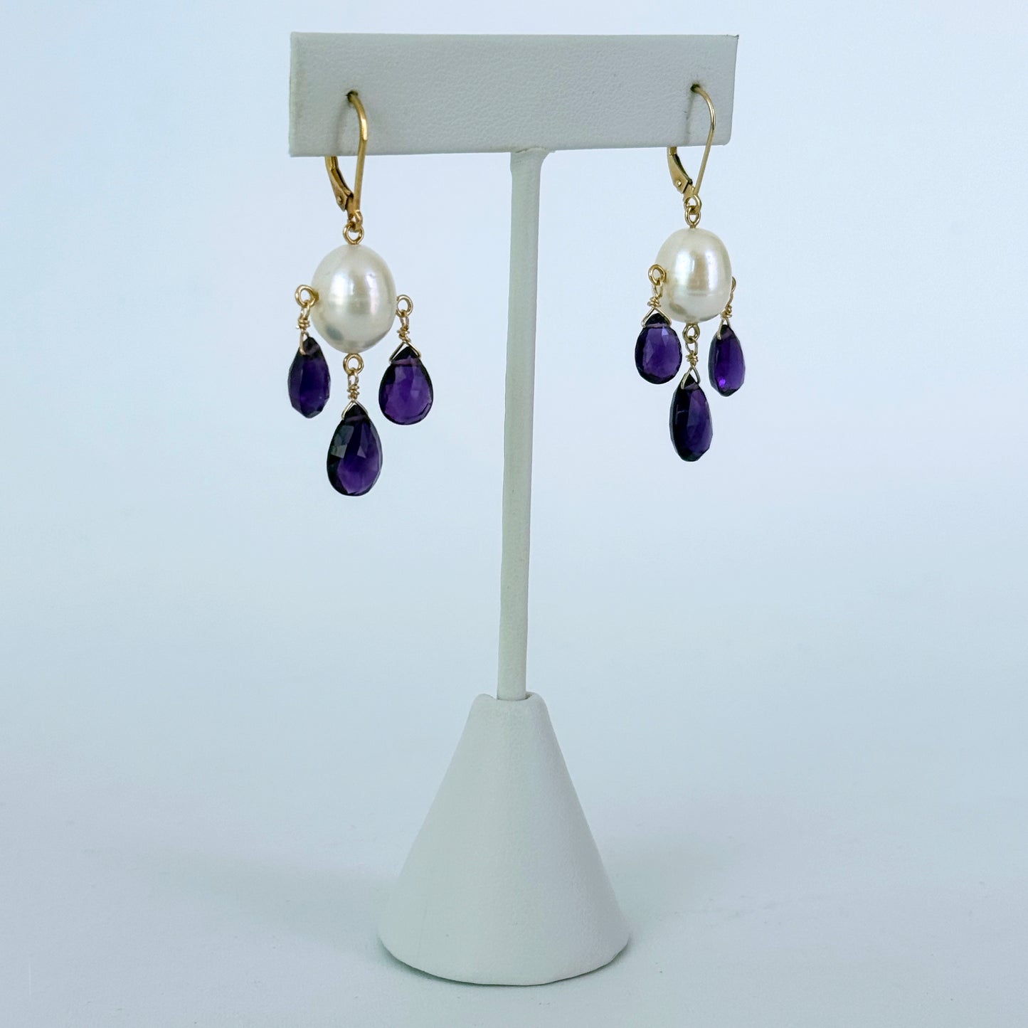 Amethyst & Pearl Chandelier Earrings with Solid 14k Gold