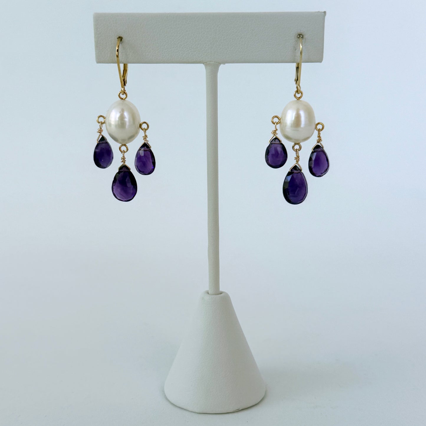 Amethyst & Pearl Chandelier Earrings with Solid 14k Gold