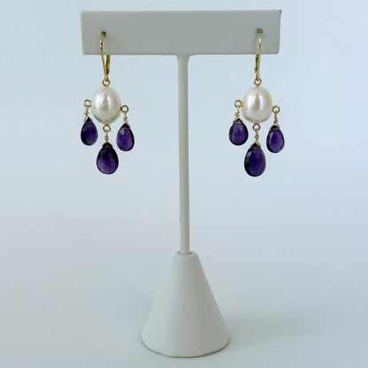 Amethyst & Pearl Chandelier Earrings with Solid 14k Gold