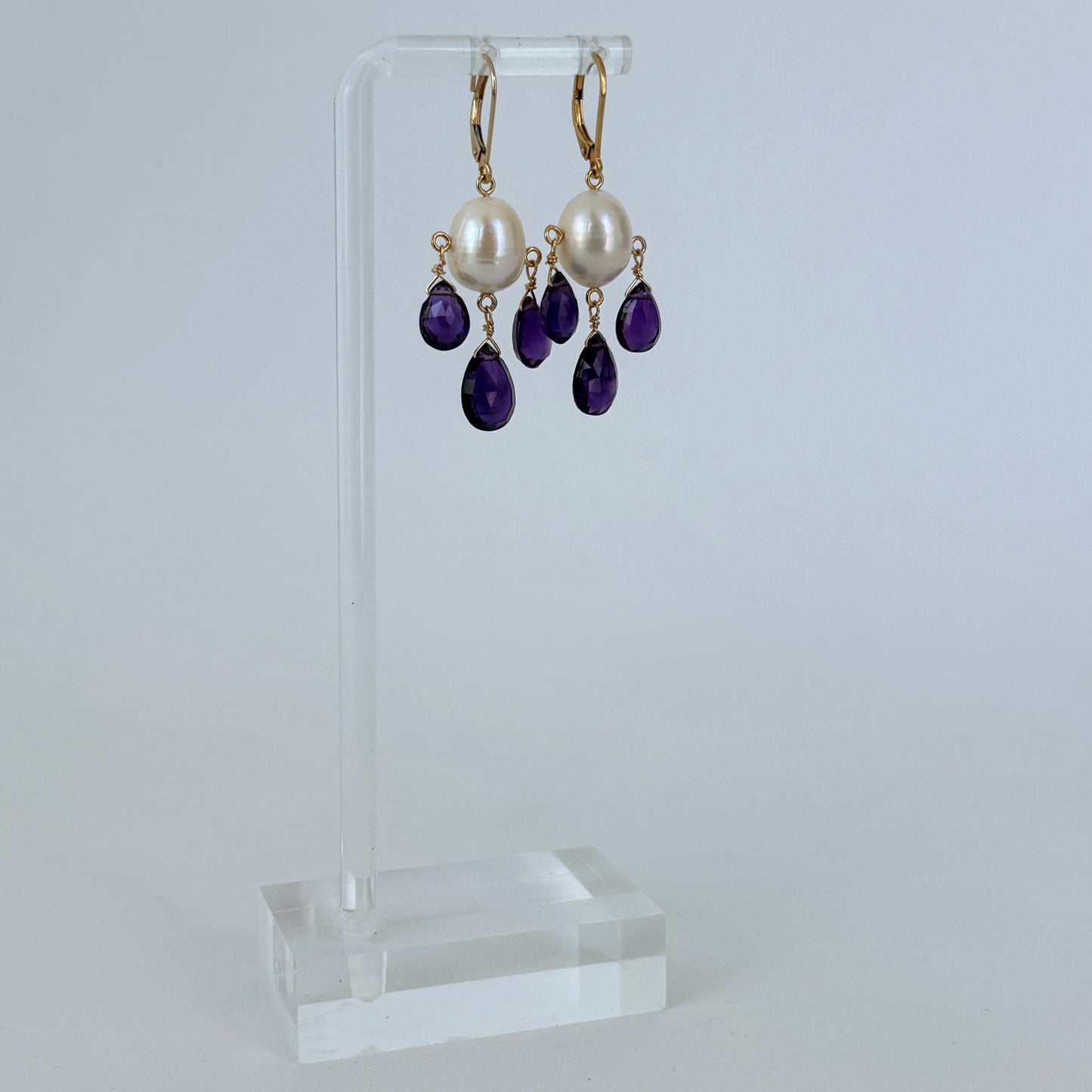 Amethyst & Pearl Chandelier Earrings with Solid 14k Gold