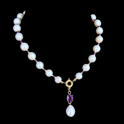 Pearl, Solid 14k Yellow Gold Necklace with Removable Amethyst Centerpiece