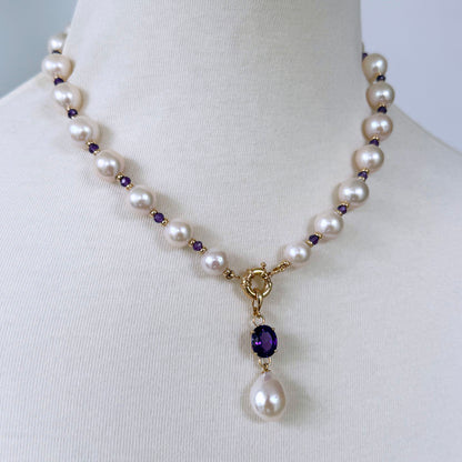 Pearl, Solid 14k Yellow Gold Necklace with Removable Amethyst Centerpiece