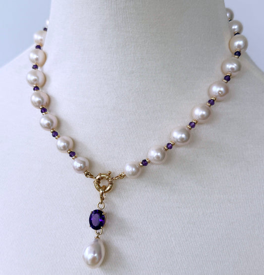 Pearl, Solid 14k Yellow Gold Necklace with Removable Amethyst Centerpiece